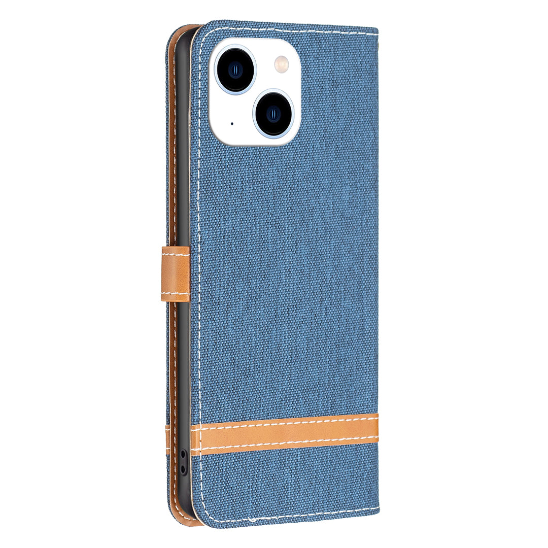 Uniqkart for iPhone 15 Jeans Cloth Splicing PU Leather + TPU Phone Case Wallet Stand Anti-scratch Cover - Navy Blue Uniqkart for iPhone 15 Jeans Cloth Splicing PU Leather + TPU Phone Case Wallet Stand Anti-scratch Cover - Navy Blue